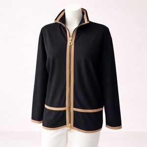 St John Sport Zip Front Jacket Black Tan Trim Logo Pull Size S